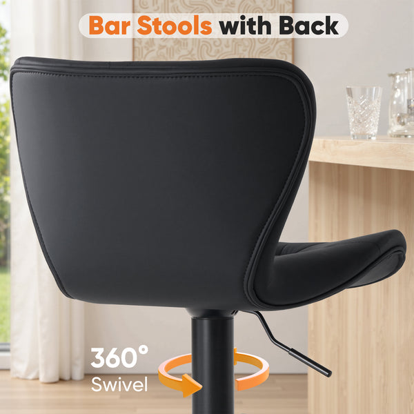 CONCETTA Set of 2 Swivel Bar Stools - Adjustable Height Modern Fabric Upholstered Barstools Counter Bar Chairs with Backrest for Kitchen Island & Home Bar