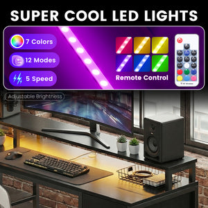 CONCETTA 47 inch L-Shaped Gaming Desk - Reversible with LED Lighting, Power Outlets & Double-Tier Storage, for Home Office