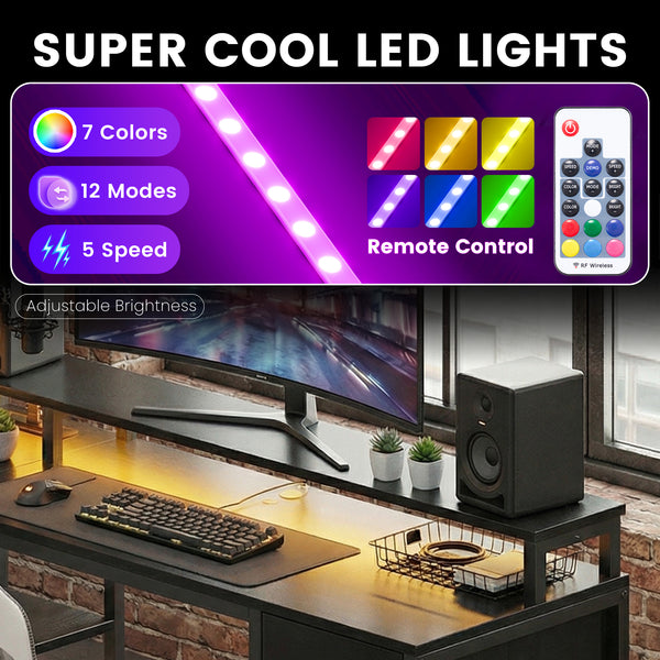 CONCETTA 47 inch L-Shaped Gaming Desk - Reversible with LED Lighting, Power Outlets & Double-Tier Storage, for Home Office