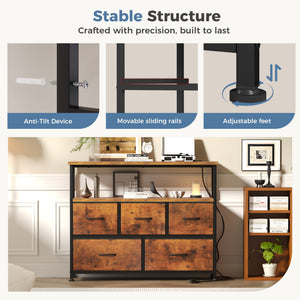 CONCETTA 39.3'' 5 Drawer Dresser with Charging Station, Fabric Storage Chest of Drawers for Bedroom, Living Room, Entryway