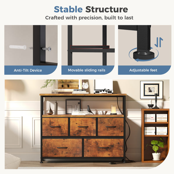 CONCETTA 39.3'' 5 Drawer Dresser with Charging Station, Fabric Storage Chest of Drawers for Bedroom, Living Room, Entryway