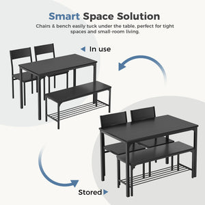 CONCETTA Dining Table Set with 1 Table, 2 Chairs, Dining Bench with Metal Frame & Storage Rack for Small Spaces, Kitchen, Apartment