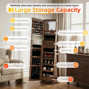 CONCETTA 6 LED Jewelry Cabinet with Frameless Full-Length Mirror, 360° Swivel Lockable Organizer Standing Armoire, 3 Storage Shelves