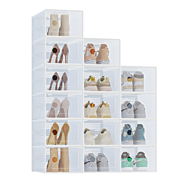 CONCETTA 12/15-Pack Shoe Box Organizer for up to US Size 9, Stackable Plastic Storage Rack for Closet Hallway Bedroom