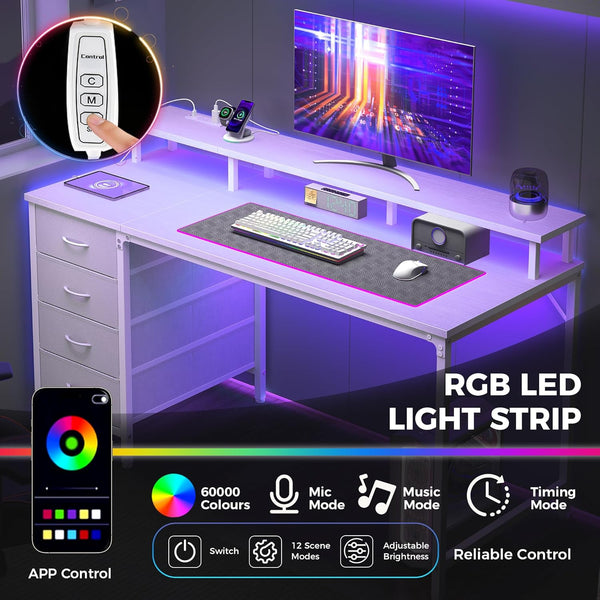CONCETTA Computer Gaming Desk with 4 Drawers, Power Outlets and LED Lights for Home Small Spaces