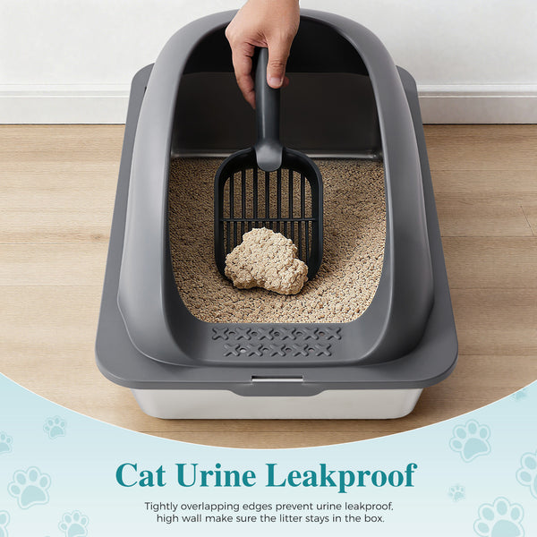 24in Stainless Steel Cat Litter Box with Lid, Large Cat Litter Box for Cats, High Wall Sides, Anti-Urine Leakage, Easy Cleaning, Scoop and Mat Included