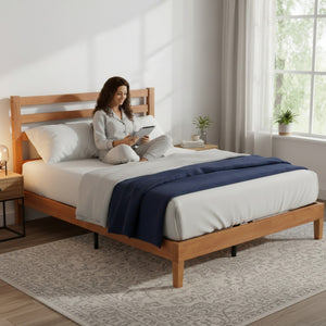Wood Bed Frame with Headboard, Walnut Finish, Sturdy Slat Support, Ideal for Bedroom and Guest Room