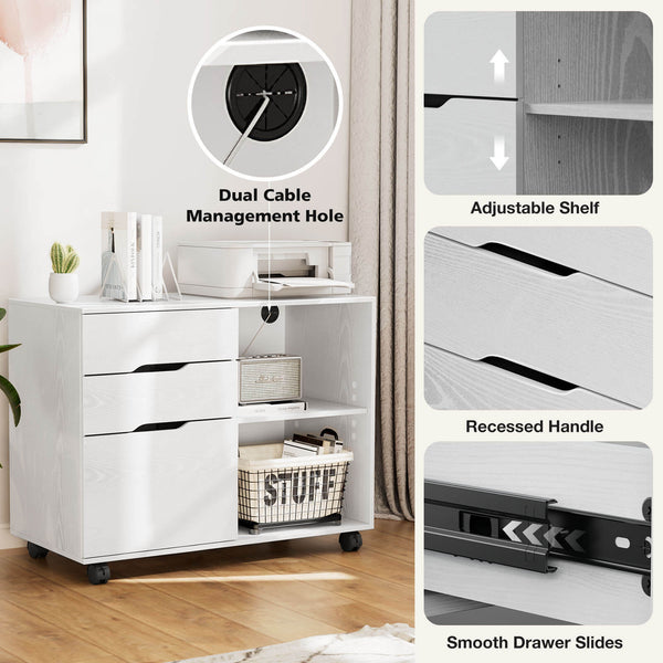 CONCETTA Lateral File Cabinet - with 3 Drawers, Rolling Wooden File Storage Drawer, Black Printer Stand Under Desk Organiser for Office, Home