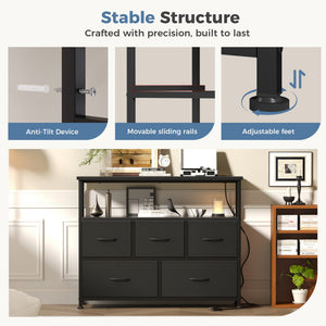 CONCETTA 39.3'' 5 Drawer Dresser with Charging Station, Fabric Storage Chest of Drawers for Bedroom, Living Room, Entryway