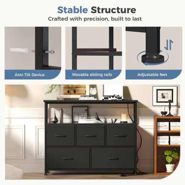 CONCETTA 39.3'' 5 Drawer Dresser with Charging Station, Fabric Storage Chest of Drawers for Bedroom, Living Room, Entryway