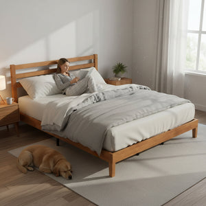 Wood Bed Frame with Headboard, Walnut Finish, Sturdy Slat Support, Ideal for Bedroom and Guest Room
