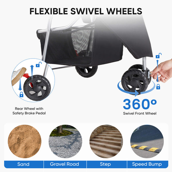 CONCETTA 3-Wheel Foldable and Waterproof Pet Stroller - Jogger Stroller for Small and Medium Dogs and Cats with Cup Holder and Removable Liner