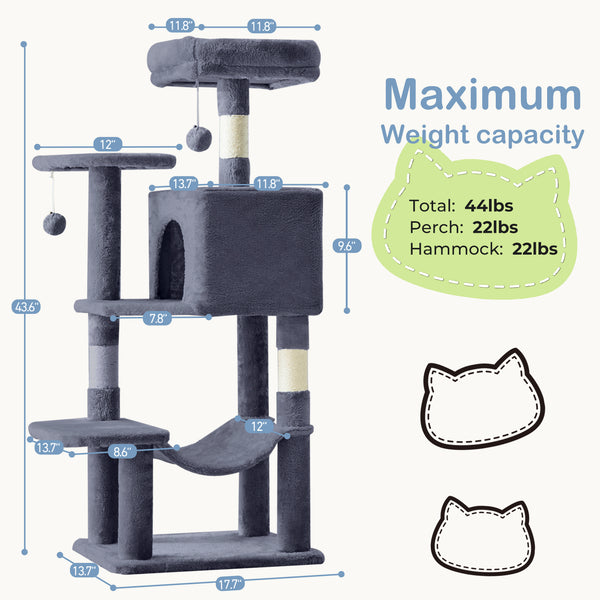 CONCETTA 44in Multi Level Cat Tree Tower,Cat Scratching Posts with Large Top Perch and Hammock