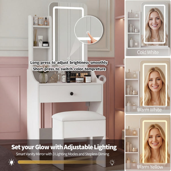 CONCETTA Vanity Desk with Mirror and Lights, Makeup Vanity Table with Hair Dryer & Power Outlet, Dressing Table for Bedroom