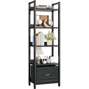 CONCETTA  Bookshelf with Drawer, Tall Narrow Bookcase with Shelves, Wood and Metal Storage Organizer for Bedroom, Living Room