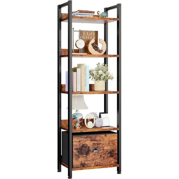 CONCETTA  Bookshelf with Drawer, Tall Narrow Bookcase with Shelves, Wood and Metal Storage Organizer for Bedroom, Living Room