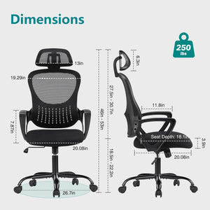 CONCETTA Ergonomic office chair - high back with wheels, adjustable headrest and flip-up armrests for bedroom, study, living room, office