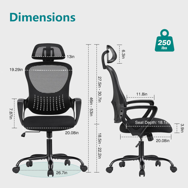 CONCETTA Ergonomic office chair - high back with wheels, adjustable headrest and flip-up armrests for bedroom, study, living room, office