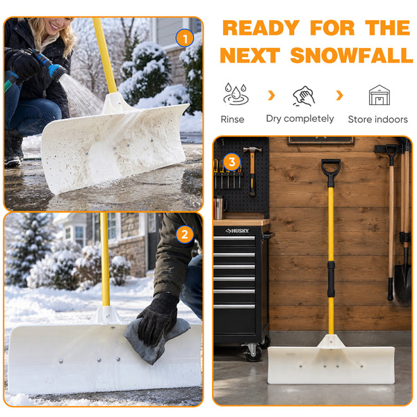 CONCETTA 30"/36" Snow Pusher, Wide Snow Plow Shovel with Non-Stick Poly Blade, Reinforced Metal Handle, Heavy-Duty Winter Removal Tool for Driveways & Sidewalks, White