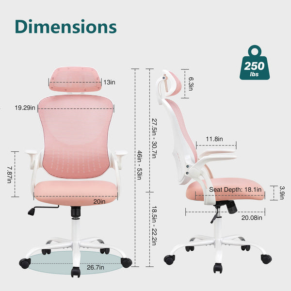 CONCETTA Ergonomic office chair - high back with wheels, adjustable headrest and flip-up armrests for bedroom, study, living room, office