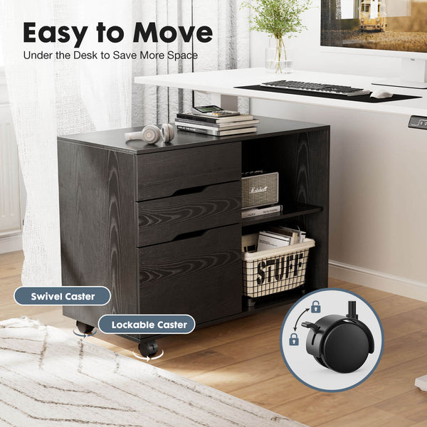 CONCETTA Lateral File Cabinet - with 3 Drawers, Rolling Wooden File Storage Drawer, Black Printer Stand Under Desk Organiser for Office, Home