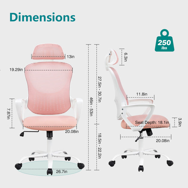 CONCETTA Ergonomic office chair - high back with wheels, adjustable headrest and flip-up armrests for bedroom, study, living room, office