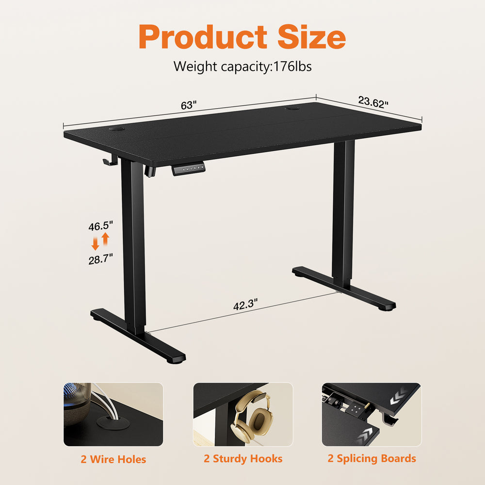 CONCETTA Electric Adjustable Height Standing Desk - 63 x 24 inch Desk Workstation