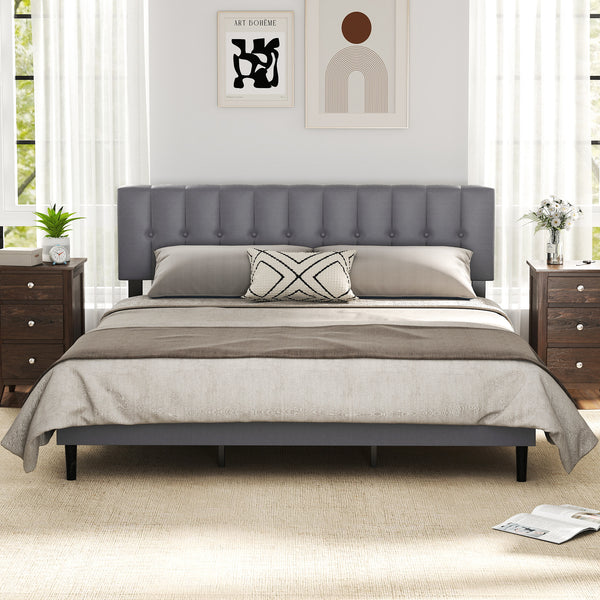 CONCETTA Grey Soft-Padded Bed, Grey Linen Sponge, Metal Frame, Full