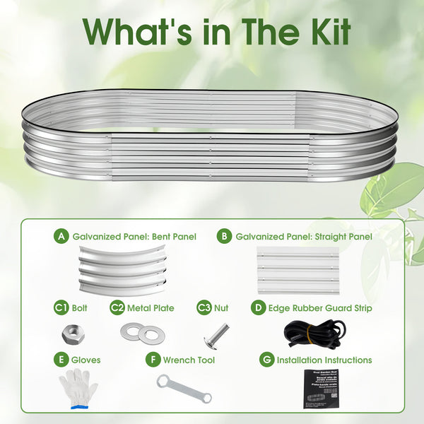 CONCETTA Galvanized Raised Garden Bed Kit with Safe Rubber Edging, Oval Metal Planter Box for Vegetables, Flowers, Herbs for Outdoor Gardening