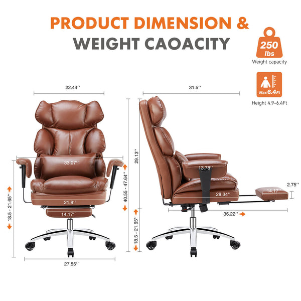 CONCETTA Office Computer Chair - High Back PU Leather Taipan Swivel Chair with Ergonomic Leg Rest and Lumbar Support, Height Adjustable
