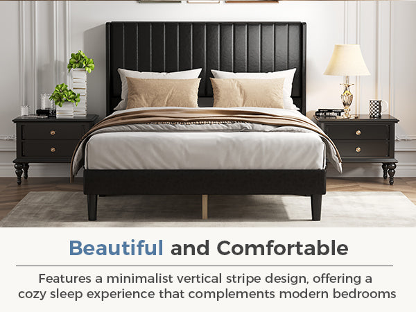 CONCETTA Full Size Bed Frame with Wingback PU Upholstered Headboard and Wooden Slats Support, No Box Spring Needed, Easy Assembly, Black