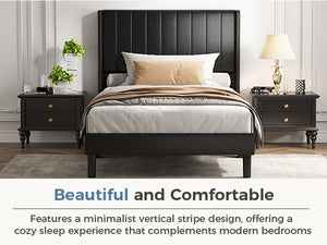 CONCETTA Full Size Bed Frame with Wingback PU Upholstered Headboard and Wooden Slats Support, No Box Spring Needed, Easy Assembly, Black