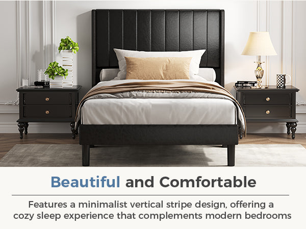 CONCETTA Full Size Bed Frame with Wingback PU Upholstered Headboard and Wooden Slats Support, No Box Spring Needed, Easy Assembly, Black