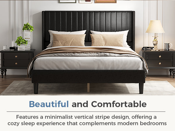 CONCETTA Full Size Bed Frame with Wingback PU Upholstered Headboard and Wooden Slats Support, No Box Spring Needed, Easy Assembly, Black