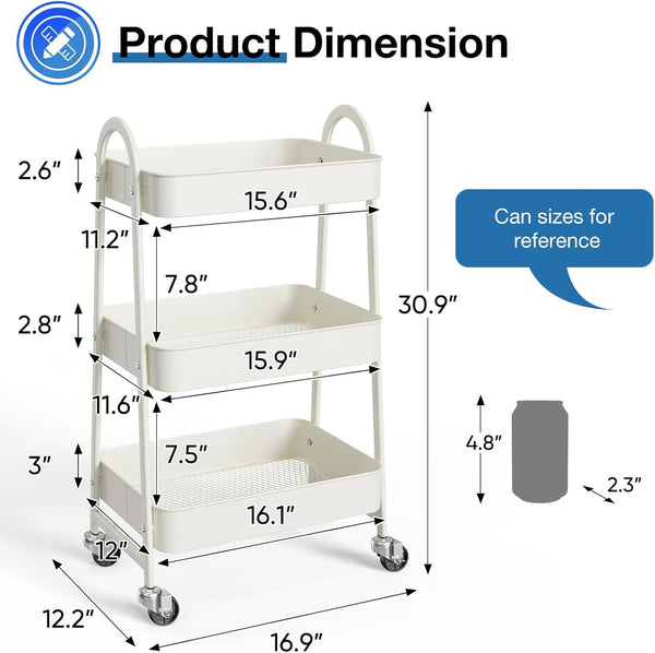 CONCETTA 3 Tier Utility Rolling Cart, Metal Mobile Storage Shelf with Lockable Caster Wheels, Organization for Livingroom, Bathroom & Kitchen, Gray