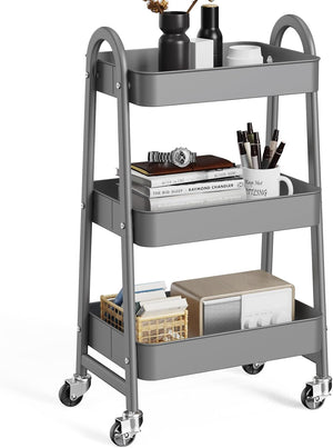 CONCETTA 3 Tier Utility Rolling Cart, Metal Mobile Storage Shelf with Lockable Caster Wheels, Organization for Livingroom, Bathroom & Kitchen, Gray