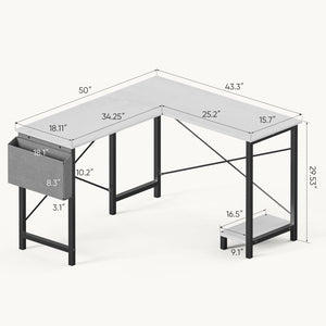 CONCETTA 49 Inch Modern L Shaped Computer Desk with Lower Storage Shelf & Side Bag, Two-Way Convertible Corner Gaming Table for Home Office