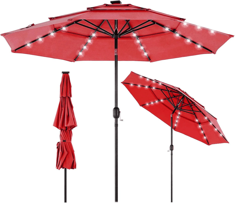 CONCETTA 9.2ft 3-Tier Solar Patio Umbrella with LED Lights, Tilt, Crank, for Garden, Deck, Pool