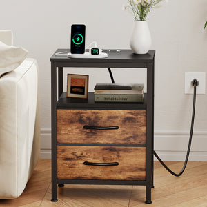 CONCETTA Small Nightstand with Charging Station, 2 Fabric Drawer, End Table with USB Ports and Outlets for Bedroom, Black，Black Brown，Rustic Brown，White