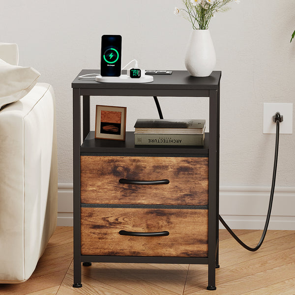 CONCETTA Small Nightstand with Charging Station, 2 Fabric Drawer, End Table with USB Ports and Outlets for Bedroom, Black，Black Brown，Rustic Brown，White