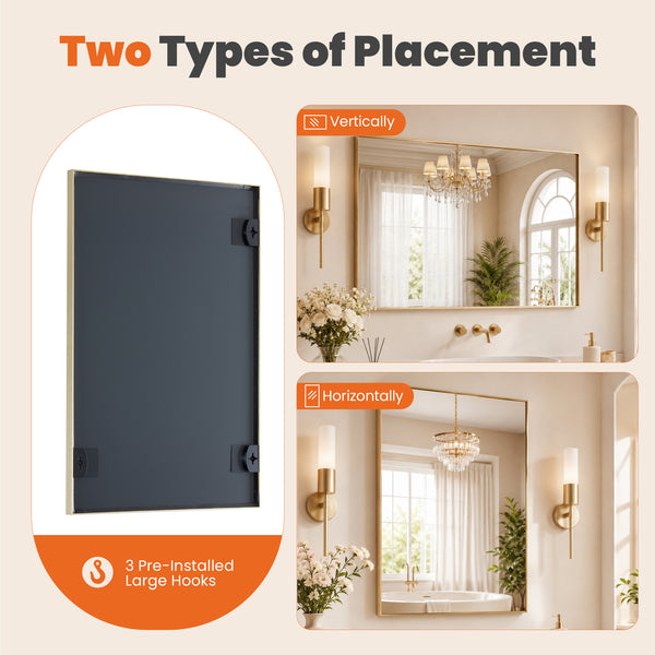 CONCETTA Bathroom Mirror, Brushed Aluminium Framed, Rectangle with Square Corner for Wall Home Decor Modern Style