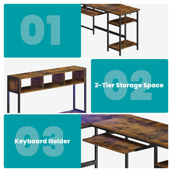 67" Reversible L-Shaped Desk with LED Lights, Power Outlets, Drawer, Keyboard Tray & Hutch