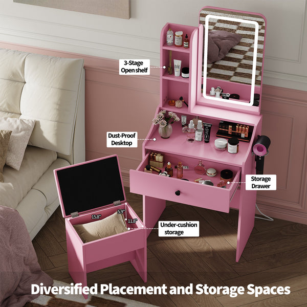 CONCETTA Vanity Desk with Mirror and Lights, Makeup Vanity Table with Hair Dryer & Power Outlet, Dressing Table for Bedroom
