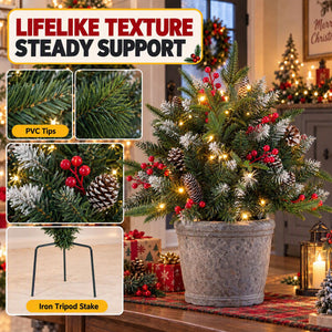 SHOUFTW Pre-Lit Frosted Artificial Christmas Urn Filler, Small Xmas Tree with 50 Warm Lights, Pine Cones & Red Berries for Indoor Outdoor Holiday Decor