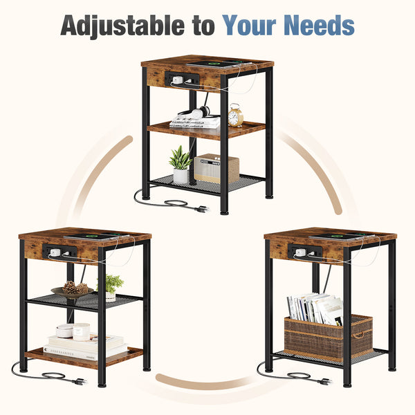 CONCETTA 3 Tier Nightstand with Charging Station, Bedside End Table for Bedroom Living Room