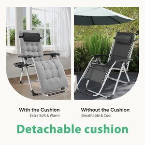 CONCETTA Padded Zero Gravity Chair, Lounge Chair with Removable Cushion and Trays,Folding deck chair patio chair, Lawn Lounger, Gray