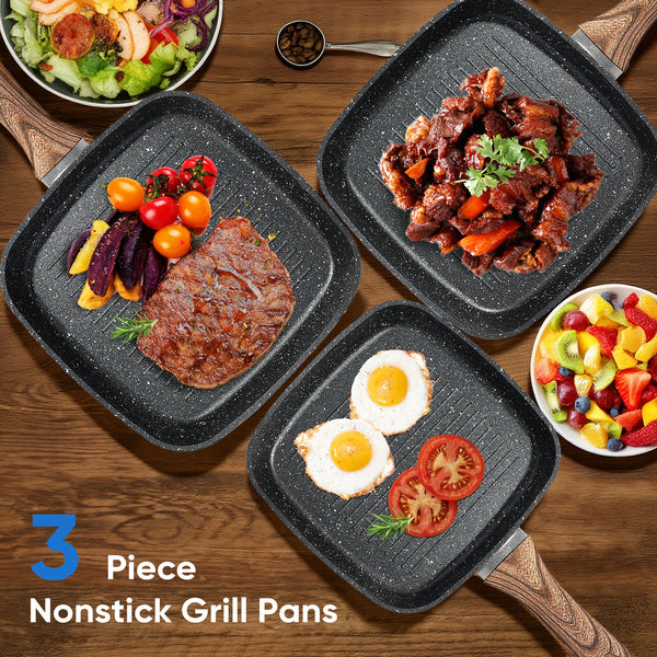 CONCETTA Non-stick Cookware Set, square frying pan, wooden handle, suitable for indoor and outdoor camping and RV cooking, beige and black