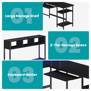 67" Reversible L-Shaped Desk with LED Lights, Power Outlets, Drawer, Keyboard Tray & Hutch