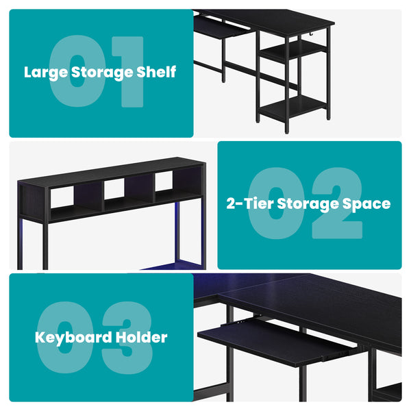 67" Reversible L-Shaped Desk with LED Lights, Power Outlets, Drawer, Keyboard Tray & Hutch