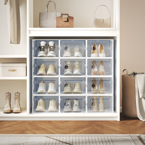CONCETTA 12/15-Pack Shoe Box Organizer for up to US Size 9, Stackable Plastic Storage Rack for Closet Hallway Bedroom